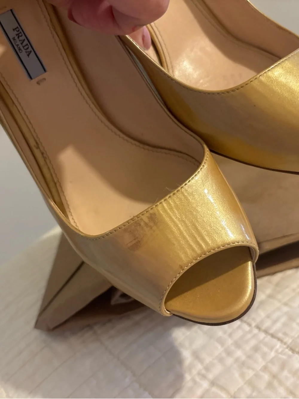 Prada Metallic Gold Peep-Toe Heels - Picture 1 of 7